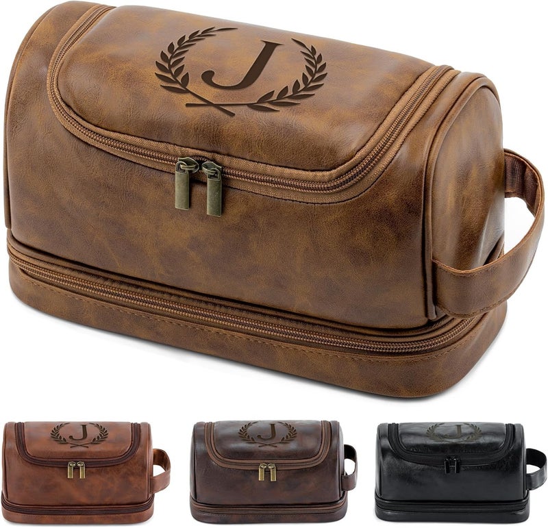 Aganmi Personalized Christmas Birthday Gifts Toiletry Bag for Men Dad Husband, Custom Initial PU Leather Waterproof Toiletry Organizer Dopp Kit Shaving Bag Travel Essential for Men, Light Brown J - Image 1